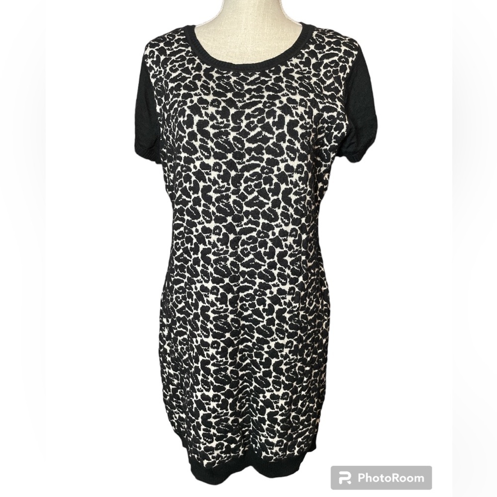 Extra Touch Leopard Print Black & White Mini Sweater Dress